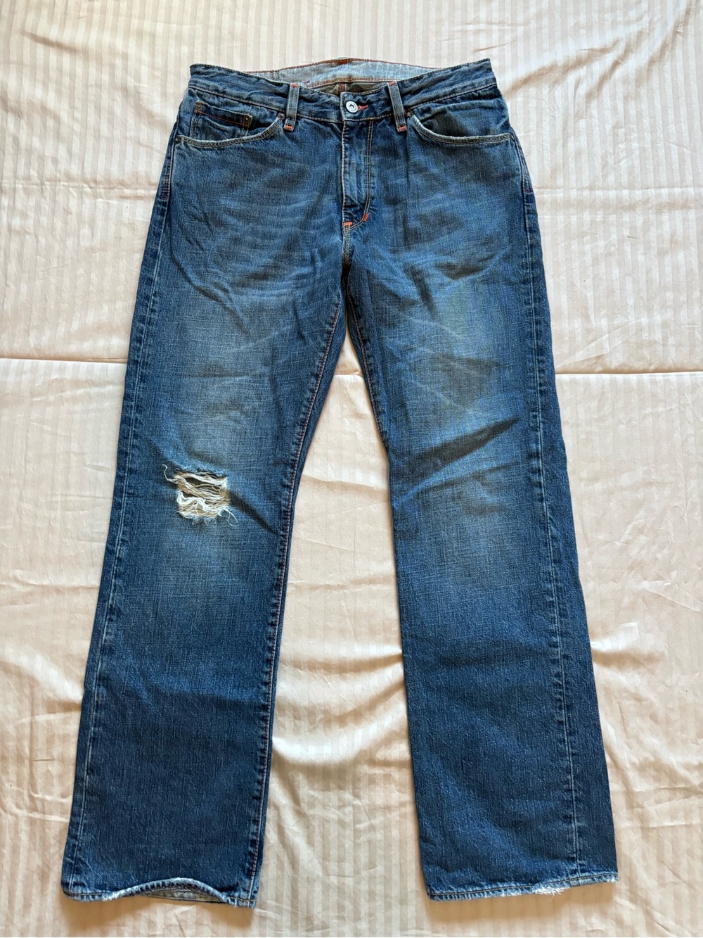 X2 Jeans Y2K Mens 32x32 Blue Medium Wash Straight Distressed Ripped Knee Denim
